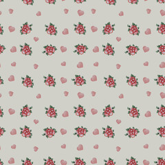 Seamless patterns. Pink hearts and roses on a light background. Watercolor. Decorative botanical pattern of flowers for festive design, Valentine's Day, decor and decoration, textiles and wallpaper.