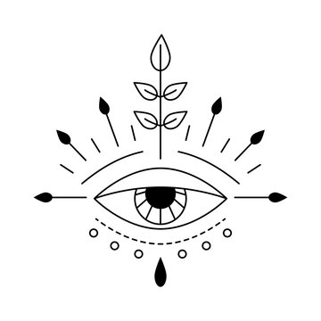 Vector illustration of beautiful mystic eye, providence sight. Magic witchcraft symbol. Geometric line evil eye amulet with leaves. Esoteric sign. Sacred geometry, occultism. Isolated on white