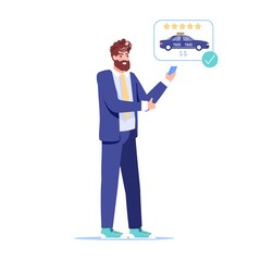 Vector cartoon flat man character order taxi,happy customer ordering online taxi with mobile phone app,gives five stars rating-car online service,web site banner ad,social media concept