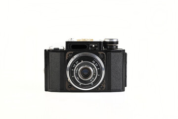 Old 35mm bakelite scaling film camera on white background.