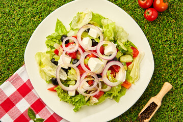 Greek salad with fresh vegetables, feta cheese and olives. Healthy food.