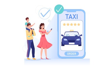 Vector cartoon flat family characters order taxi,happy smiling people,parents and kid renting automobile online with mobile app on smartphone screen-car service,web site design,social media concept