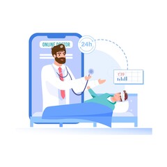 Vector cartoon flat patient,doctor characters.Physician character examines sick person man with viral infection from mobile screen app-covid,web online medical treatment therapy,telemedicine concept