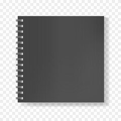 Black square realistic mockup of notebook on spiral binder, copybook blank cover. Clear elegant dark men notepad or sketchbook front page with shadow