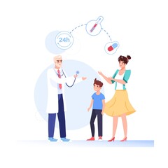 Vector cartoon flat patients,doctor characters.Physician character prescribes medication drugs to family people-medical treatment therapy,online telemedicine,web banner ad concept