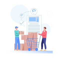 Vector cartoon flat characters receive online orders buys.Delivery service workflow-courier gives purchase,ordered packages to happy customer-online shop,web site banner ad concept