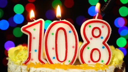 Number 108 Happy Birthday Cake With Burning Candles Topper.