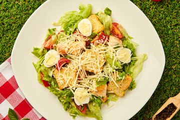 Delicious caesar salad with parmesan cheese, homemade croutons and dressing.