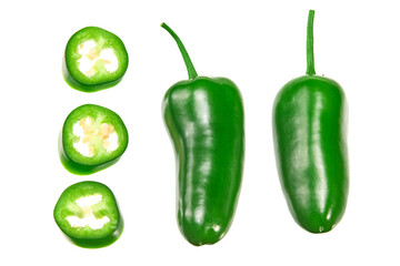 sliced jalapeno peppers isolated on white background. Green chili pepper. Capsicum annuum. top view