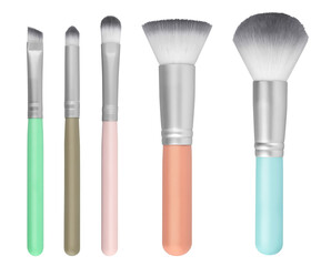 Various cosmetic brushes collection for applying face makeup blusher and foundation, beauty products isolated on white background, clipping path included