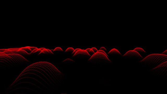 Music sound effects. Abstract red waves landscape rendering, 3D modulation. Modern geometric background with moving digital lines. Colorful futuristic animation. Dj party.