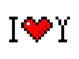 I love you pixel icon. Red hearts with black outline in capital letters and shape romantic recognition heartfelt emotional vector greeting.
