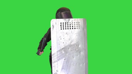 Riot police making noise hitting his riot shield with baton on a Green Screen, Chroma Key.