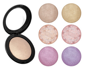 Face powder foundation or blusher samples and product, beauty bronzer isolated on white background, clipping paths included