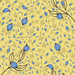 Seamless spring pattern with blue flowers on yellow background. Blue flowers for printing on paper, fabrics. - 412320578