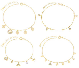Gold charm bracelets with many charms, isolated on white background, with clipping path