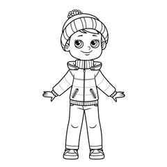 Cartoon boy in warm demi-season jacket, jeans, knitted hat with a pompom and sneakers  outline for coloring on white background