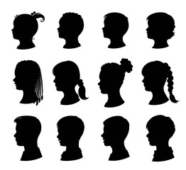 Kids silhouettes set. Collection of vector silhouettes of boys and girls. Young children and teenagers with a variety of hairstyles.  Isolated black silhouette. Vector illustration - 412324313
