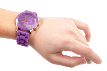 Fototapeta premium Wrist watch on a cute female hand isolated on white background
