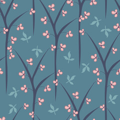 Vector floral seamless pattern. Elegant print texture with small flowers, leaves, branches, trees. Stylish botanical composition. Background in blue and pink tones. Repeated design for decor, textile