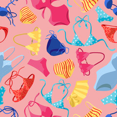 Womens swimsuits, bikini, one-piece swimwear. Hand drawn vector seamless pattern. Colorful ornament for summer, vacation, beach theme. Design for fabric, textile, wallpapers, print, decor, background.