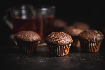 Chocolate muffins. Sweet dark cupcakes.