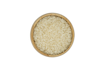 white rice in wooden bowl and spoon isolated on white