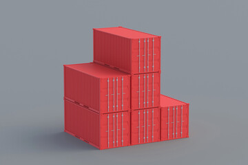 Heap of metal containers for the carriage of goods by sea, air and road on gray background. Shipping cargo concept. International import, export. Transportation services. 3d rendering