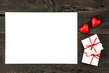 Paper template mockup red hearts Valentines Day flatlay