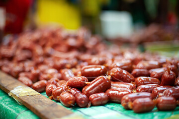Ready to eat sausages made in asian market for street food selling