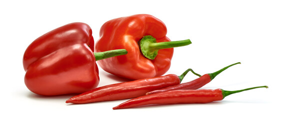 Bellpeppers with spicy pepper, isolated on white background