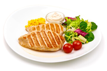 Roasted chicken breast with mix salad, isolated on white background