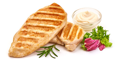 Grilled chicken breast served with mix salad, isolated on white background