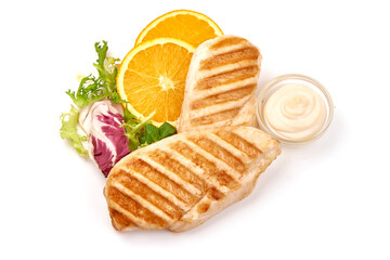 Grilled chicken breast served with mix salad, isolated on white background