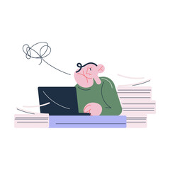 Young stressed man worker sitting in office suffering from headache or bad thoughts