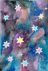 Watercolor illustration of the cosmos, stars.