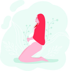  Pregnant girl in underwear holding belly flat vector. pregnant girl who has big belly. She surrounded thoughts about taking care baby, about feeding