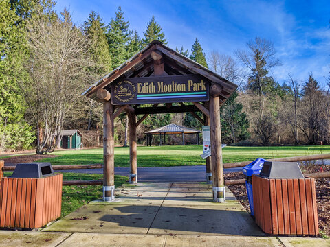 Kirkland, WA / USA - circa December 2019: View of the Edith Moulton Park sign in the Kirkland/Juanita neighborhood off 108th Avenue NE.