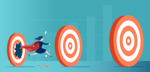 Vector of a super hero businesswoman breaking through her career targets and goals