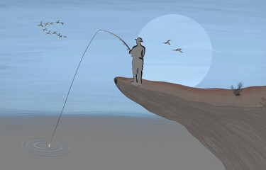 Fisherman fishing in the sea. Digital art illustration