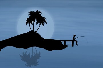 little kid fisherman fishing on the palm tree silhouette and sunset background. Digital art illustration