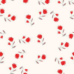 Fototapeta na wymiar Seamless floral pattern based on traditional folk art ornaments. Colorful flowers on light background. Scandinavian style. Vector illustration. Simple minimalistic pattern with nature element.