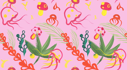 summer pattern painted in gouache leaves on a pink background with amanita and jellyfish for textile and surface design on a pink background