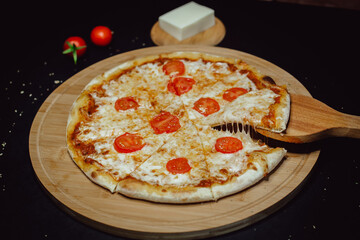 Appetizing pizza with cheese and tomatoes. A slice of pizza with melted cheese. Pizza on a wooden spatula.