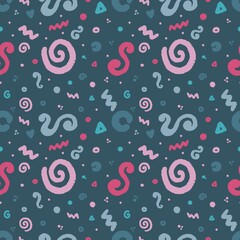 Modern hand drawn doodle seamless pattern with cute elements of decor. For textiles, scrapbooking, wallpaper and paper. Vector illustration isolated on blue background.