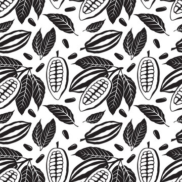 seamless pattern of cocoa beans, branch and leaves on white background