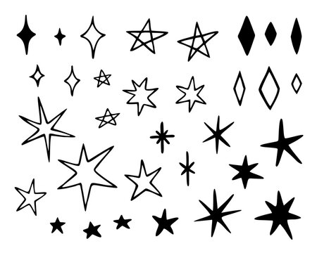 Vector set of different stars and sparkles. Hand drawn, doodle elements isolated on white background.