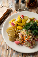 Different pickled german snacks in a bar restaurant