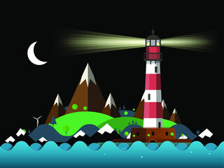 Lighthouse Night Landscape with Ocean Waves