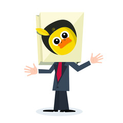 Man in Suit with Paper Bag with Chicken Cartoon on Head